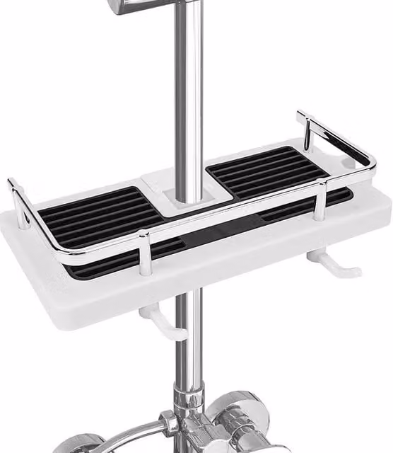 VOGREX White Rustproof Plastic Tension Rod Bathroom Shower Pole Caddy and Storage Organiser