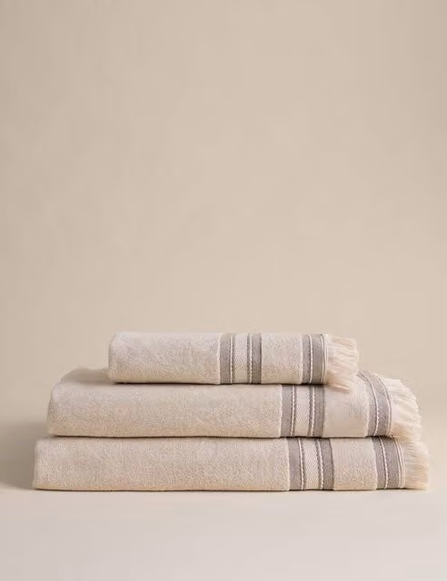 M&S Cotton Rich Fluffy Striped Towel with Fringed Border in Beige and Multicolour