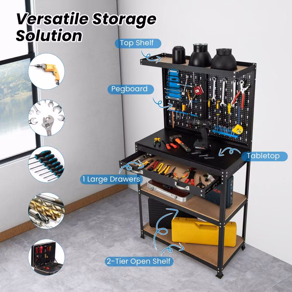 Costway Metal Tool Storage Workbench with Pegboard in Black and Multicolour, W: 156 cm, D: 120 cm, H: 41 cm – 3