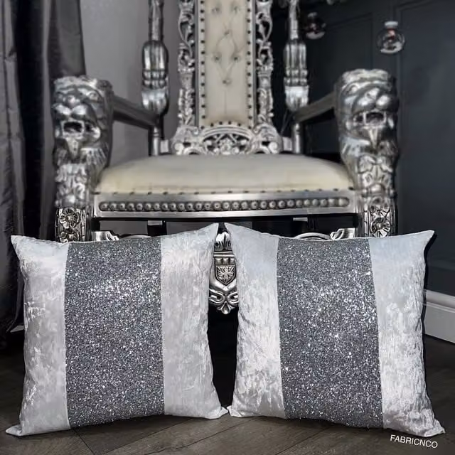 FABRICNCO White and Silver Sparkly Glitter Panel Velvet Square Cushion