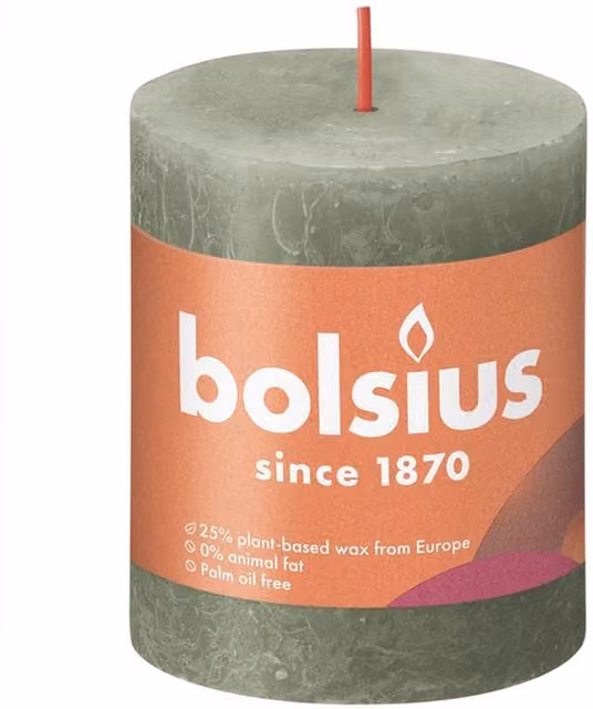 Bolsius Rustic Shine Pillar Candle in Olive Green, H 8.0 cm x W 6.8 cm x D 6.8 cm