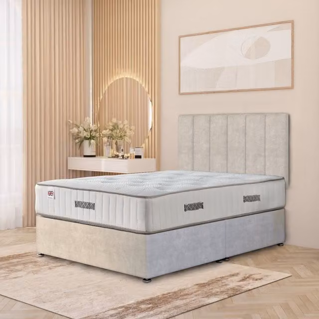 Somnior Beds Ltd Austin Plush Velvet Orthopaedic Divan Bed Set with Hybrid Mattress and Headboard in Silver, W/D/H: 90 x 190 cm
