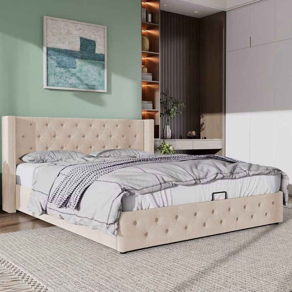 Matteo Beige Velvet Upholstered Bed with Hydraulic Lift-Up Storage, W: 150 cm, L: 200 cm – 3