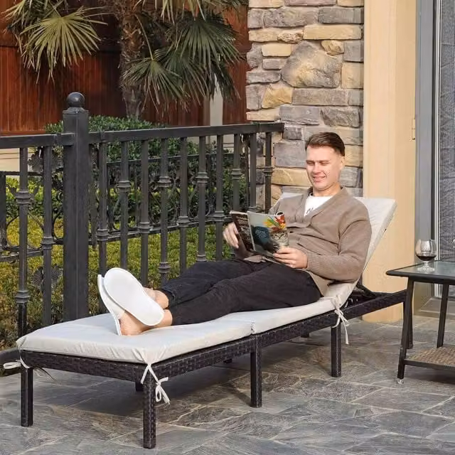 The Bazaarist Rattan Style Reclining Sun Lounger with Weatherproof Cushion in Beige and Black