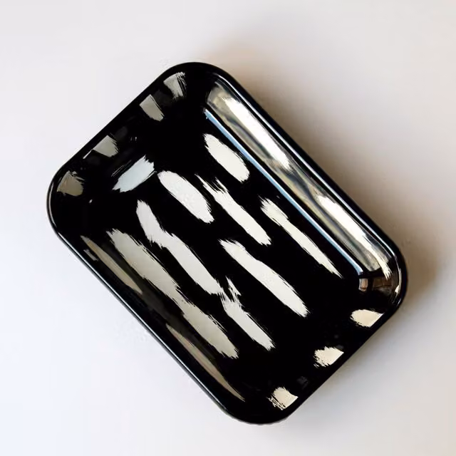 Elifle Stripe Series Enamel Rectangular Tapas Antipasti Mezze Platter, Black and White, 21 cm