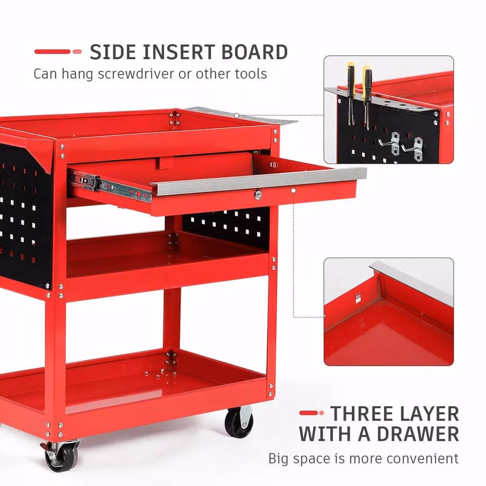 Dprodo 3 Tier Tool Cart with Drawers in Red, 150kg Capacity, Width: 60 cm – 3