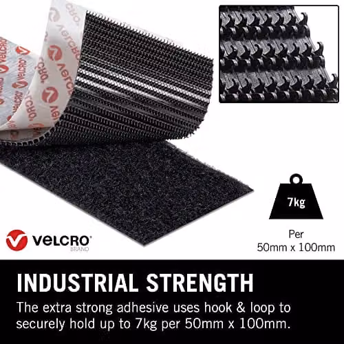VELCRO Brand Heavy Duty Stick On Double Sided Hook and Loop Self Adhesive Strips, Black, W: 50 mm, L: 100 mm, Set of 2 – 2