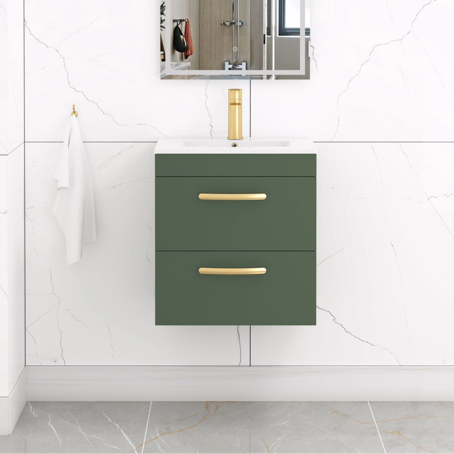 Royal Bathrooms Turin 500mm Wall Hung Vanity Unit in Matt Green with 2 Drawers and Brushed Brass Handles
