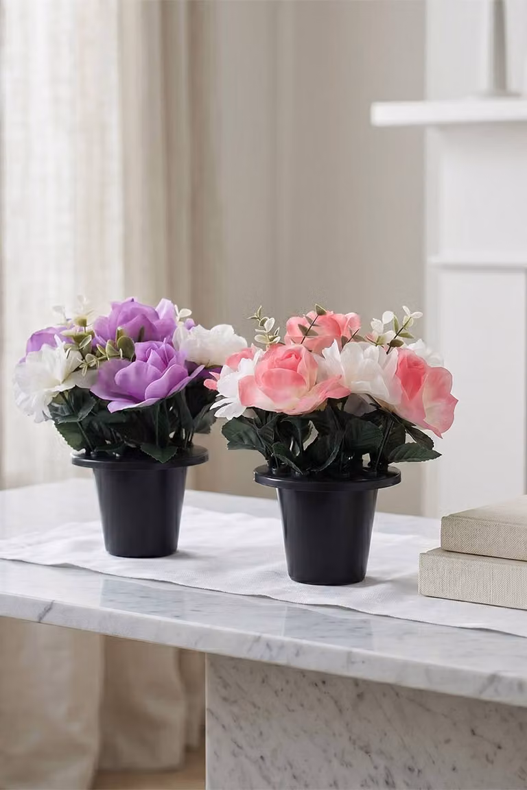 Homescapes Set of 2 Purple Artificial Rose and Mimosa Memorial Gravepots