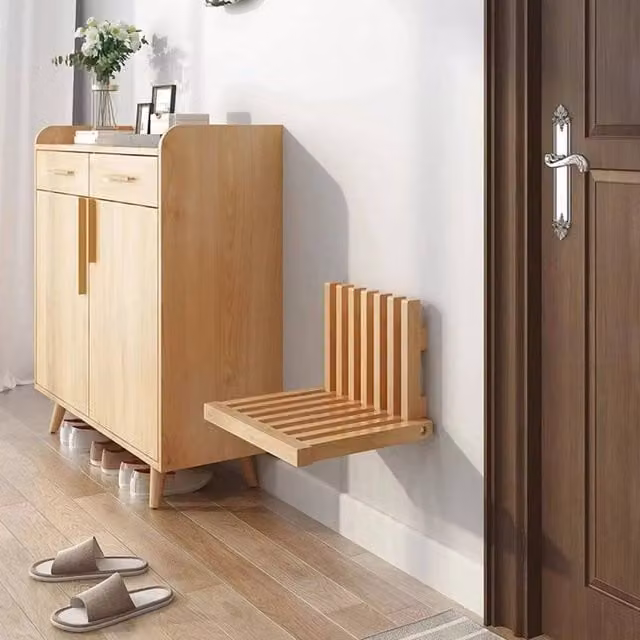 FORGEVIO Wooden Wall Mounted Folding Changing Shoe Stool in Brown – 1