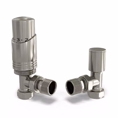 UK Radiators Talus Bold White Thermostatic Radiator Valve and Lockshield Angled Set in Silver Nickel with 10mm Reducers