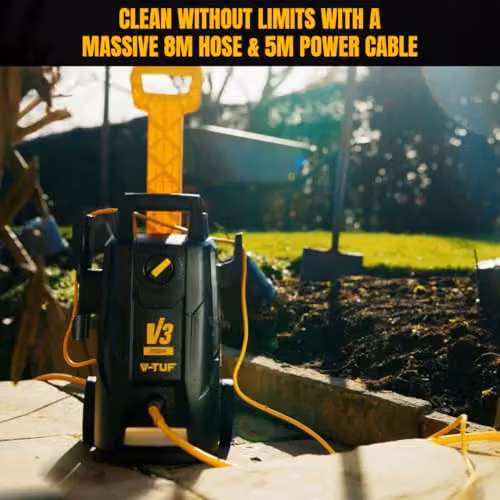 V-TUF V 3 Electric Pressure Washer in Black with 150 bar Max Pressure, 2000W, 7.5 L/min Flow Rate, Patio Cleaner, Turbo Nozzle, Stainless Steel Lance and Snow Foam Cannon – 6