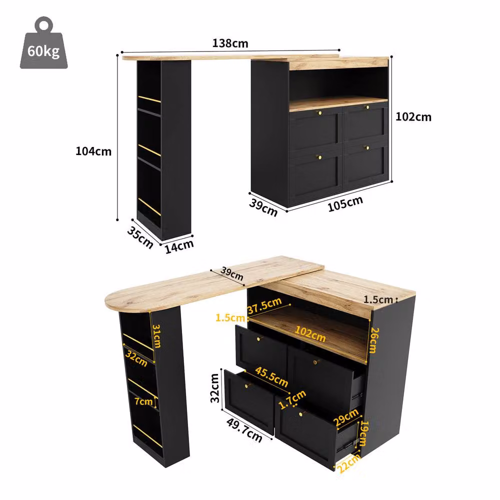 Matteo 360 Swivelling L-Shaped Bar Table and Black MDF Storage Unit with Gold Accents – 3
