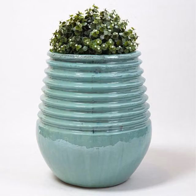 Primrose Blue and Turquoise Striped Ceramic Round Tabletop Planter