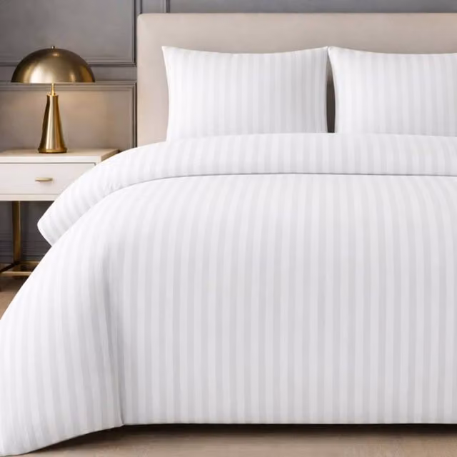 Grace Premium Mako Satin Stripe Duvet Cover and Pillowcase Set in White, Double (140 x 200 cm)