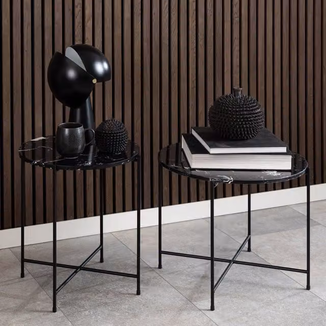Furniture To Go Avila Side Table with Black Polished Marble Stone, Black, W: 52 cm, D: 40 cm