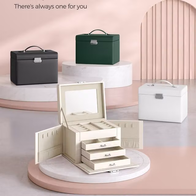SONGMICS Lockable 4-Tier Wood Jewellery Travel Case with Mirror and Handles, White