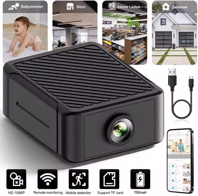 NESTLUNE Portable 1080P HD Wireless Mini WiFi Remote Camera in Black – 1