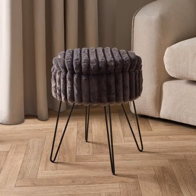 OHS Ribbed Fleece Faux Fur Hairpin Stool Vanity Seat Ottoman in Charcoal Grey