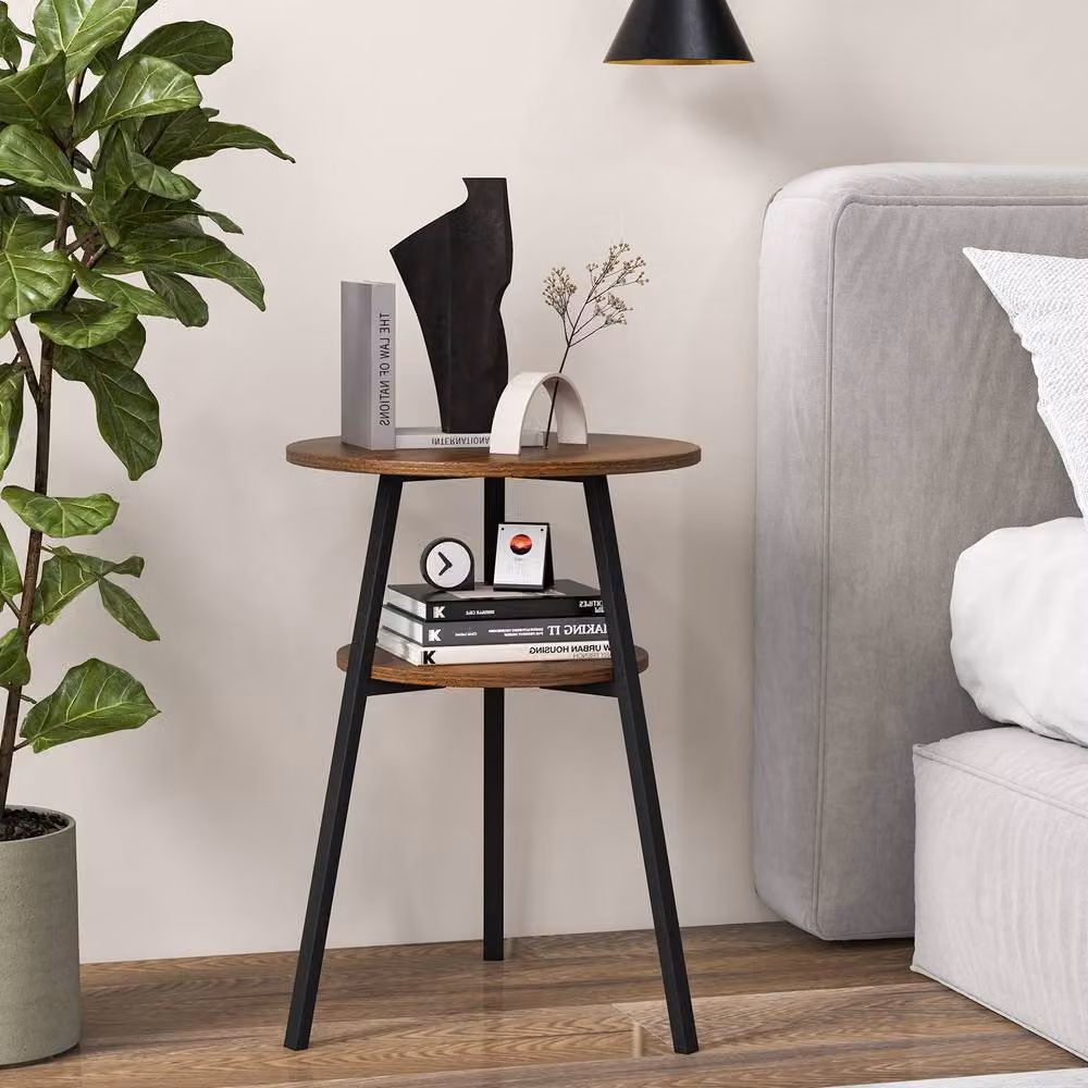 Gymax 2-Tier Round Side Table and Nightstand with Open Storage Shelf in Brown – 5