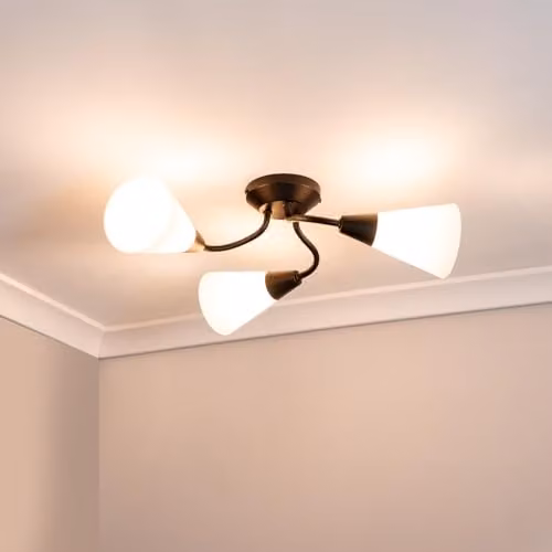 ValueLights Black Metal 3 Arm Ceiling Light with White Glass Shades and LED Bulbs – 2
