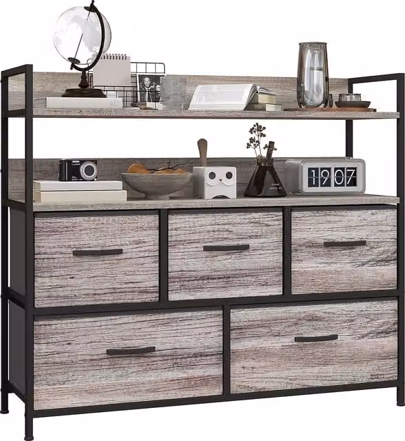 HOMCOM Rustic Grey Wood Effect Chest of Five Fabric Drawers