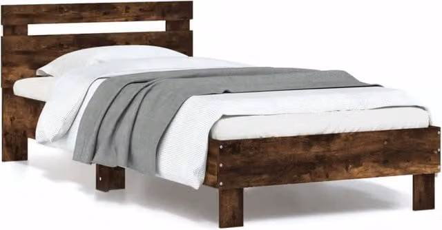 Berkfield Home Modern Bed Frame with LED Lights and USB Charging Port in Smoked Oak Brown, W/D/H: 90 x 200 cm