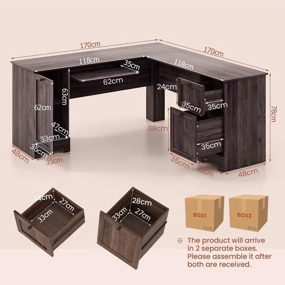 Costway L-Shaped Corner Computer Desk Study Workstation with Cabinet and Drawers in Dark Brown – 2