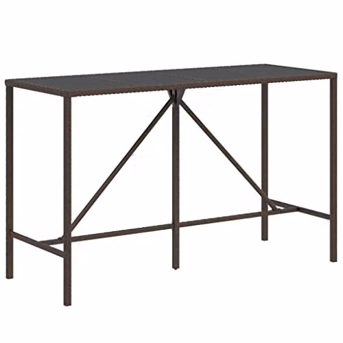 vidaXL Modern Bar Table with Glass Top in Brown Poly Rattan and Metal, W/D/H: 180 x 70 x 110 cm