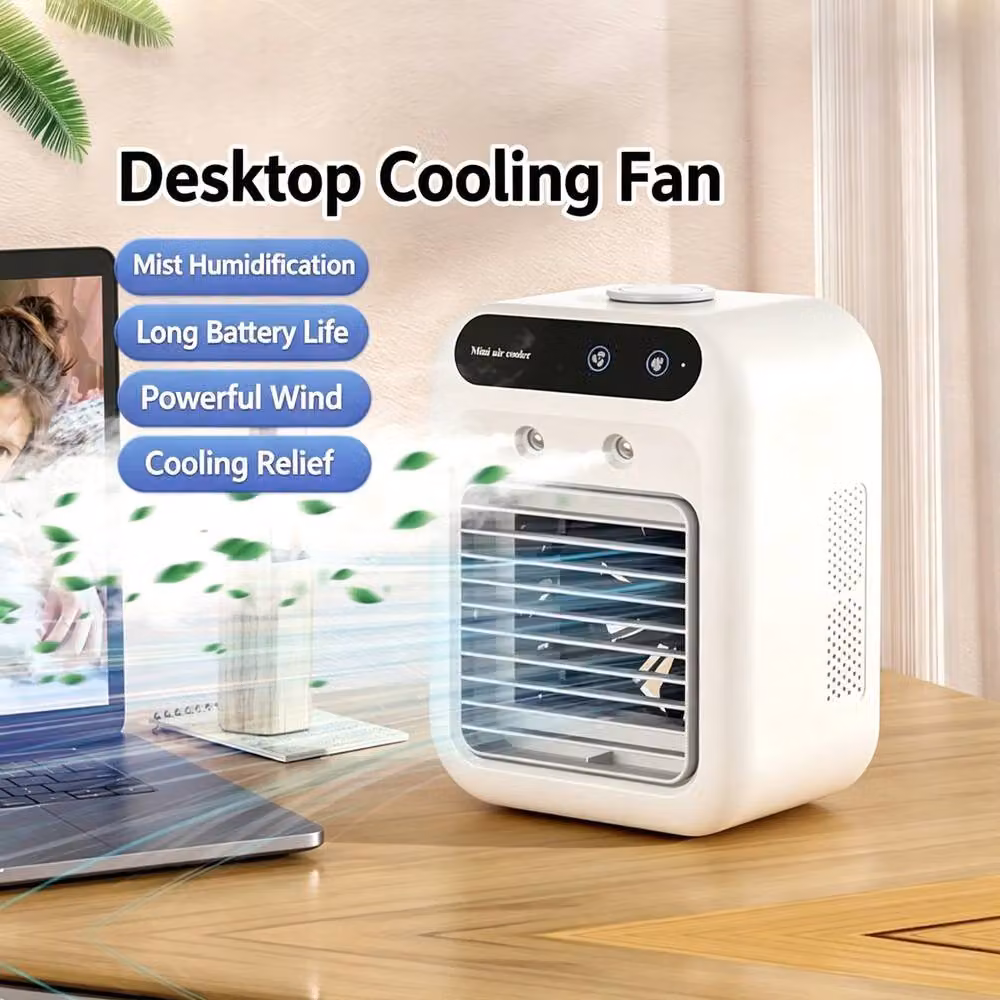 Rolipo Portable USB Air Cooler with Mist, 2 Speeds and 1800mAh Battery, White – 2