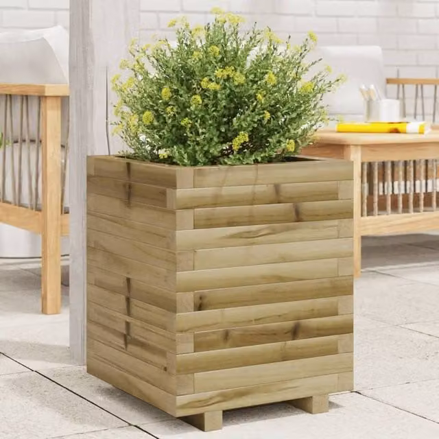 Berkfield Home Brown Impregnated Pine Wood Garden Planter Tub W/D/H: 40 x 40 x 49.5 cm