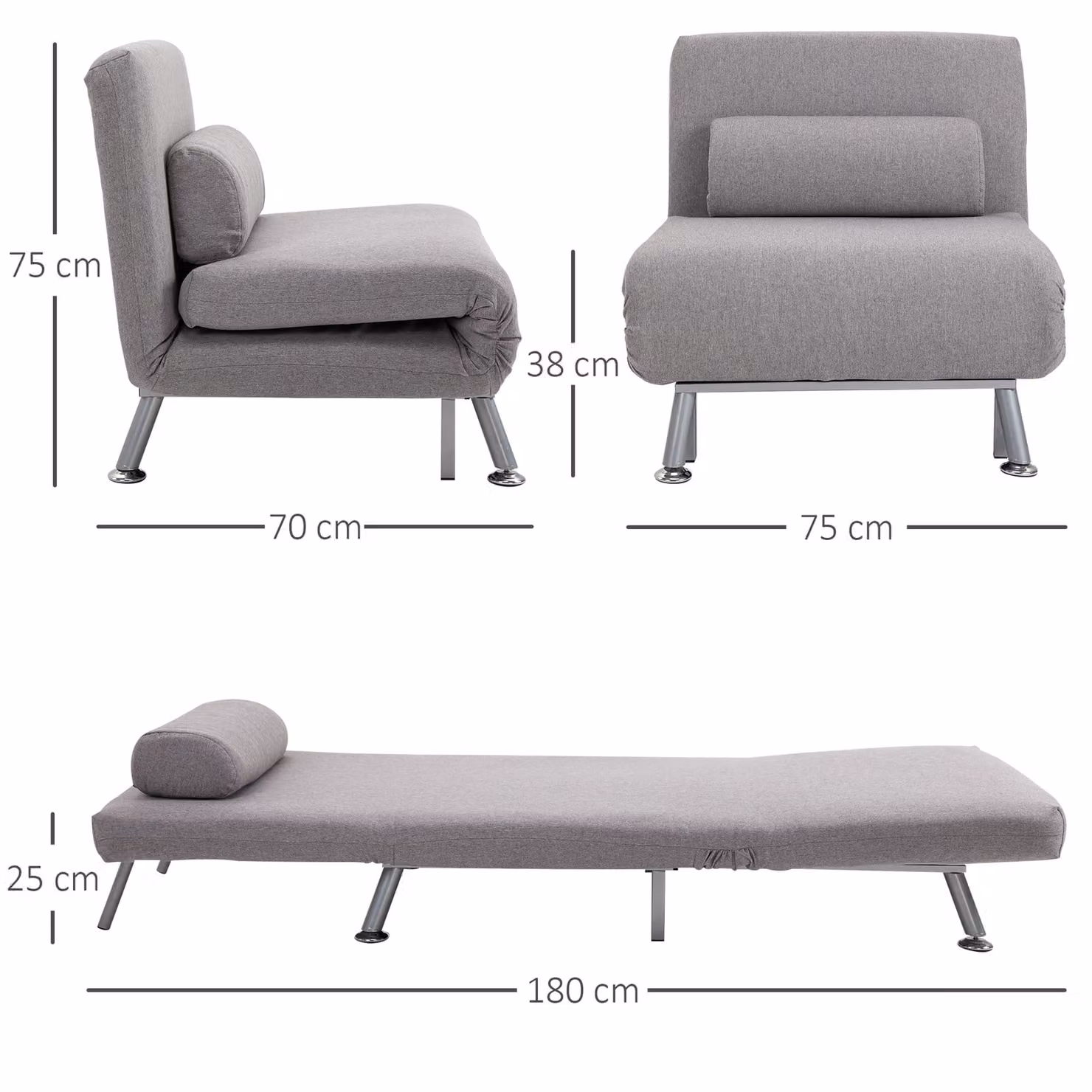 HOMCOM Single Sofa Bed Futon Chair Sleeper in Grey with Metal Frame and Microfibre Fabric – 3