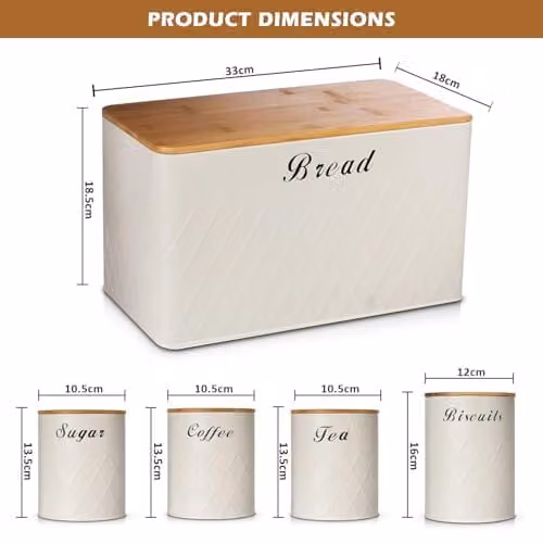 Samtek White 5 Piece Bread Bin and Airtight Kitchen Canister Set with Embossed Metal Finish