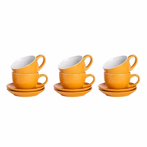 Argon Tableware Yellow Stoneware Cappuccino Cup and Saucer Set, 250ml, Set of 6 – 1