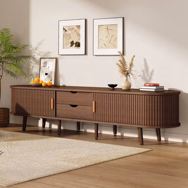 Merax Brown Minimalist TV Stand Media Entertainment Centre with Drawers and Sliding Doors