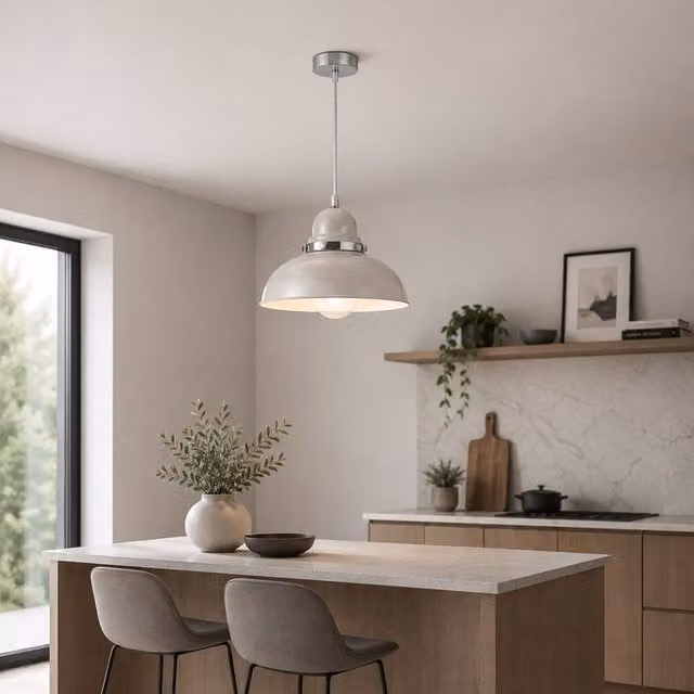 Orsina Blue Bowl Shaped Nordic Style Pendant Light with Chrome Detail and Metal Dome Shade in Grey