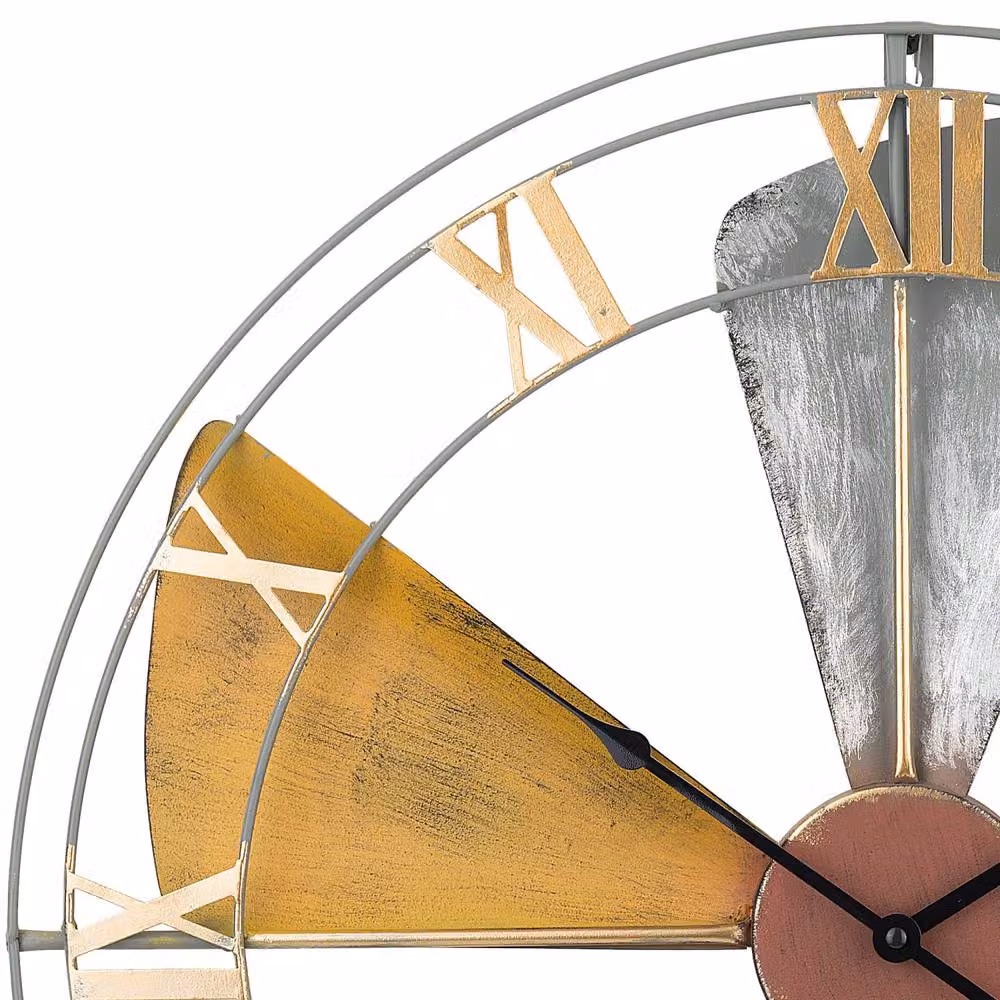 Wyld and Coco Avante Round Analog Wall Clock in Multicolour Distressed Metal with Gold and Silver Accents, Diameter: 60 cm – 3