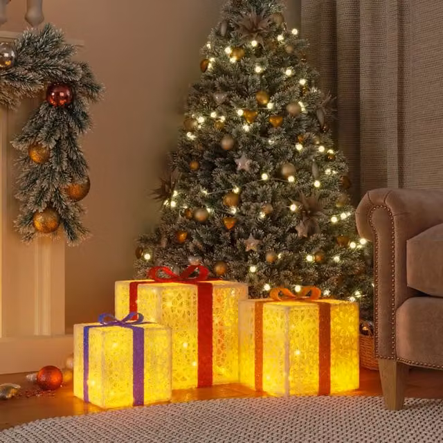 Berkfield Home Lighted Christmas Tabletop Boxes, 3 Piece Set with 64 Warm White LEDs – 1