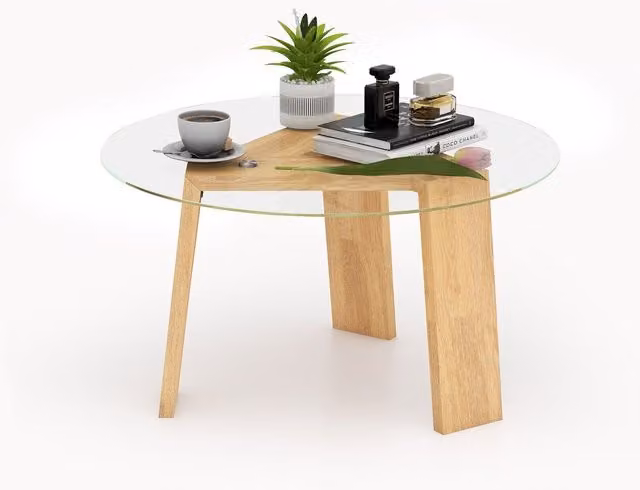 Costway Modern Round Tempered Glass Coffee Table with Rubberwood Legs in Brown