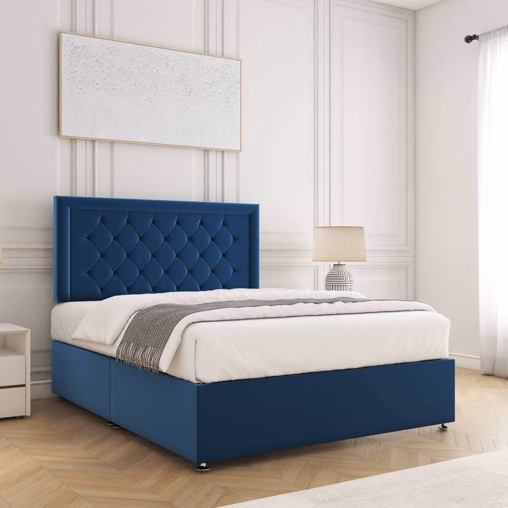 BSSPOKE Nova Plush Velvet Divan Bed Set with 24 inch Headboard and Mattress in Blue, Small Double, W/D/H: 120 x 200 cm – 2