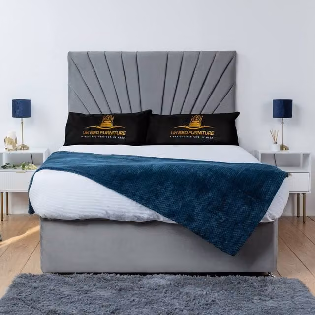 UK Bed Furniture Sunrise Divan Bed Base with 26 Inch Headboard in Grey, Double, W: 140 cm x D: 200 cm