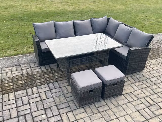 Fimous 8 Seater Rattan Garden Furniture Set with Corner Sofa, Dining Table and 2 Footstools in Dark Grey