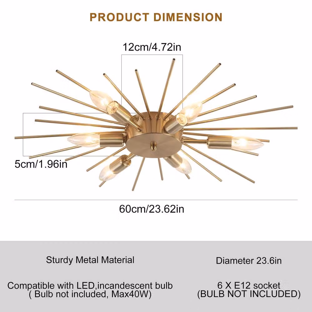 NIVOR 6 Light Sputnik Flush Mount Ceiling Lamp in Gold with E14 Bulbs – 2