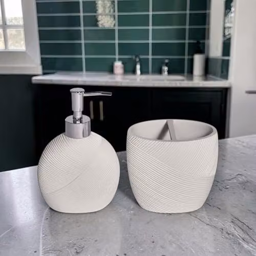 Showerdrape Ripple Black and White Bathroom Accessory Set with Soap Dispenser and Toothbrush Holder – 3