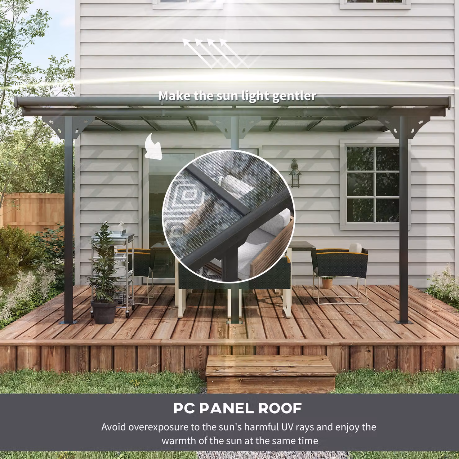 Outsunny Grey Wall-mounted Aluminium Lean-to Pergola with Polycarbonate Roof and Curtains, W: 435 cm, D: 300 cm – 5