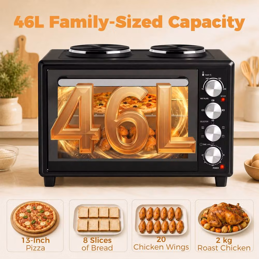 HOMCOM 46L Mini Electric Countertop Oven with Dual Hot Plates and Grill, Black – 5