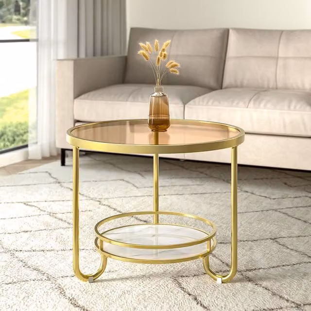 Livingandhome Modern Round Glass-Top Coffee Table with Sled Base in Gold and Yellow