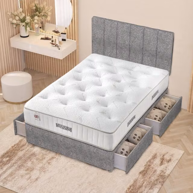 Somnior Beds Ltd Austin Tweed Fabric Orthopaedic Divan Storage Bed with Hybrid Mattress and 32 inch Headboard, Grey/Silver, W/D: 120 x 200 cm