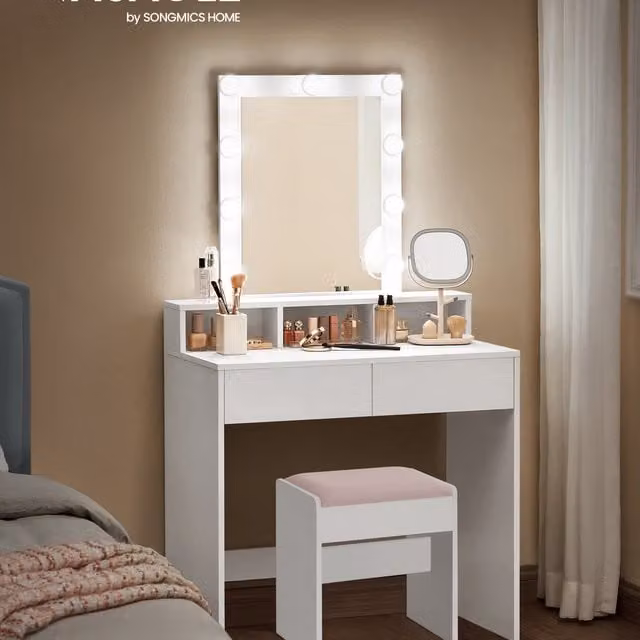 VASAGLE Modern Dressing Table Set with LED Mirror and Upholstered Stool in Black or White