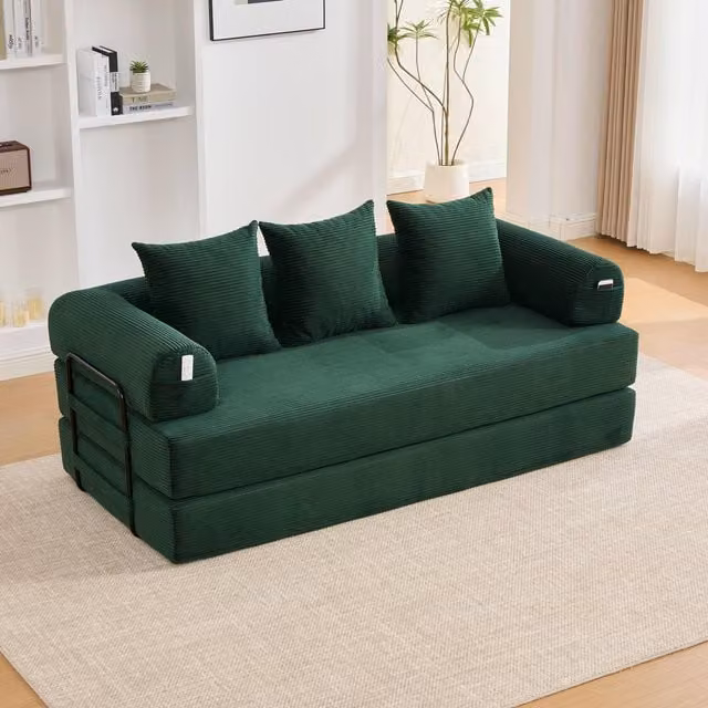 Aosom UK Emerald Green Compressible Folding Sofa with Detachable Metal Frame, W/D/H: 110 x 33 x 33 cm